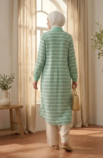 Tunique Boutonnée à Motif Géométrique 2299-01 Verte 2299-01