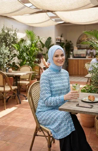 Tuniek Met Geometrisch Patroon En Knoopsluiting 2299-02 Blauw 2299-02