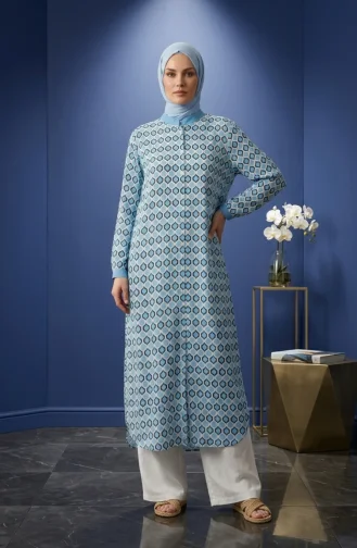 Tuniek Met Geometrisch Patroon En Knoopsluiting 2299-02 Blauw 2299-02