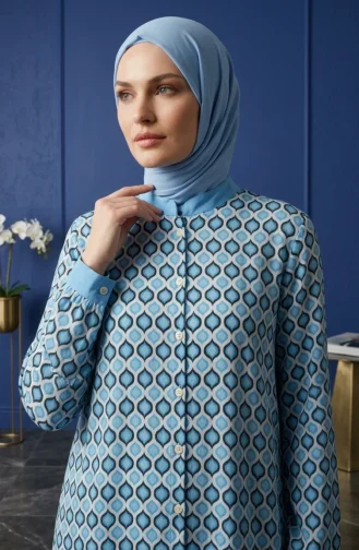 Tuniek Met Geometrisch Patroon En Knoopsluiting 2299-02 Blauw 2299-02