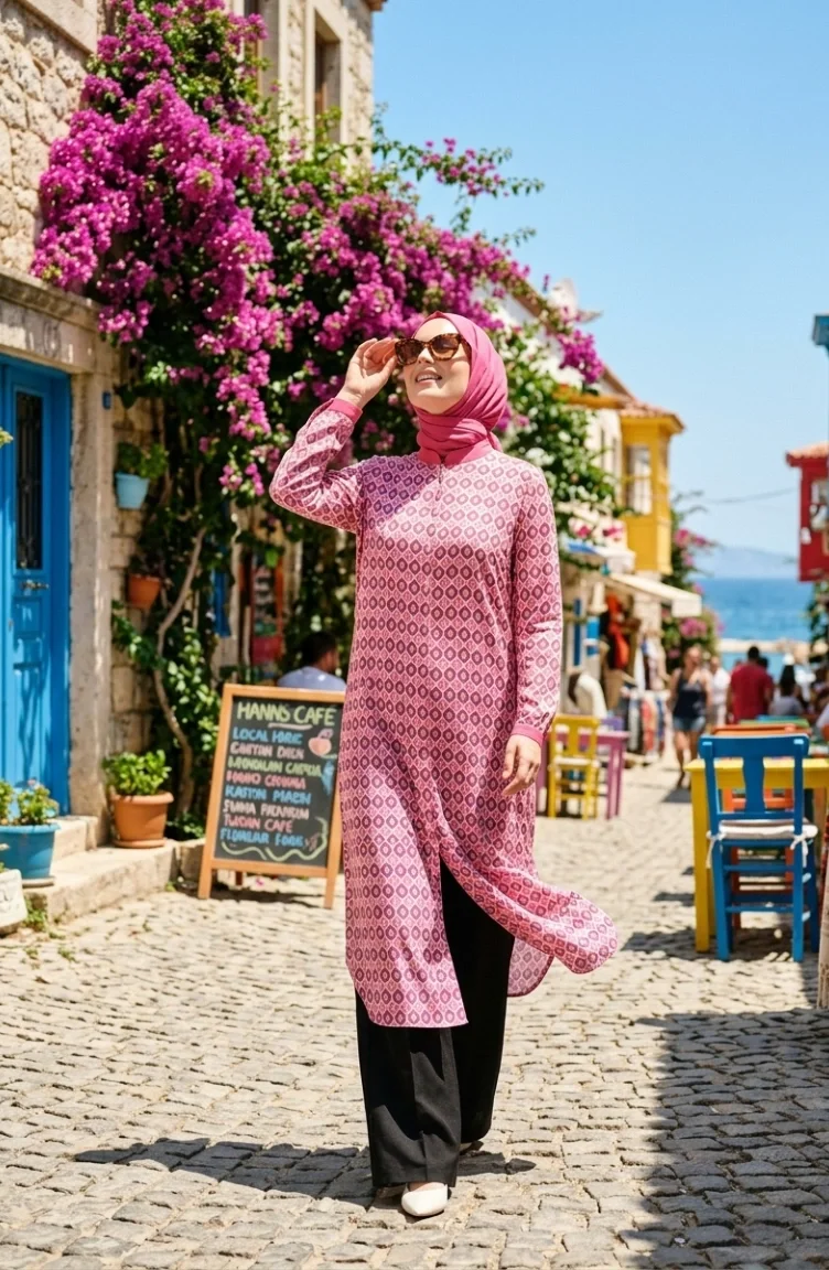 Tuniek Met Geometrisch Patroon En Knoopsluiting 2299-03 Roze 2299-03