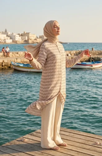 Tuniek Met Geometrisch Patroon En Knoopsluiting 2299-04 Beige 2299-04