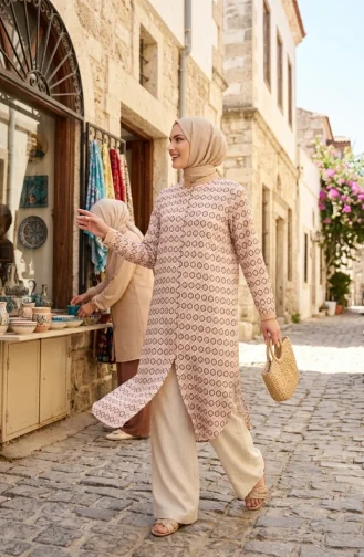 Tuniek Met Geometrisch Patroon En Knoopsluiting 2299-04 Beige 2299-04