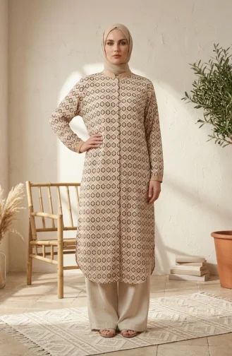 Tuniek Met Geometrisch Patroon En Knoopsluiting 2299-04 Beige 2299-04