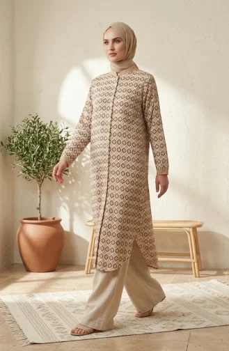 Tuniek Met Geometrisch Patroon En Knoopsluiting 2299-04 Beige 2299-04