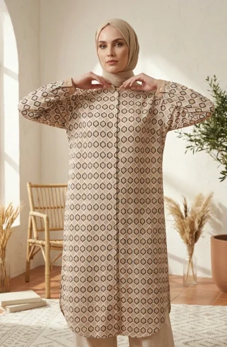 Tuniek Met Geometrisch Patroon En Knoopsluiting 2299-04 Beige 2299-04