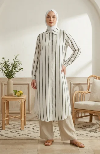 Tunique Longue En Lin Rayé à Col Chemise 0354-01 Kaki 0354-01