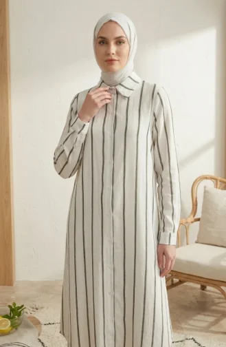 Tunique Longue En Lin Rayé à Col Chemise 0354-01 Kaki 0354-01