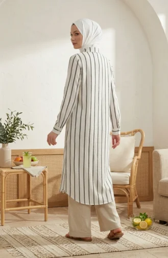 Tunique Longue En Lin Rayé à Col Chemise 0354-01 Kaki 0354-01