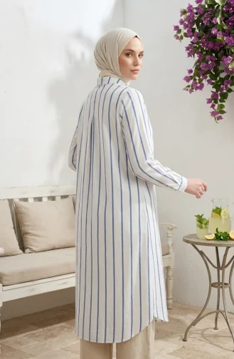 Tunique Longue En Lin Rayé à Col Chemise 0354-09 Bleu 0354-09