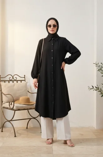 Boydan Düğmeli Müslin Gömlek Uzun Tunik 0362-03 Siyah