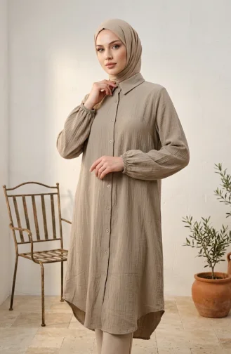 Boydan Düğmeli Müslin Gömlek Uzun Tunik 0362-04 Toprak