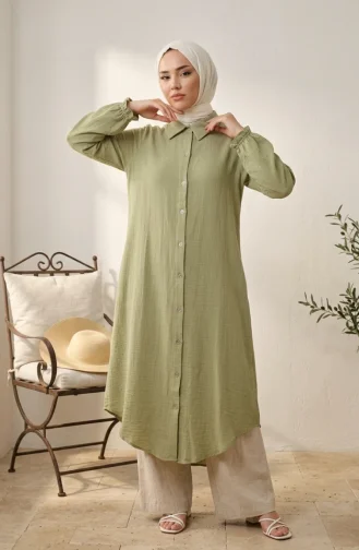 Lange Tuniek Van Mousseline Met Knoopsluiting 0362-05 Olijfgroen 0362-05