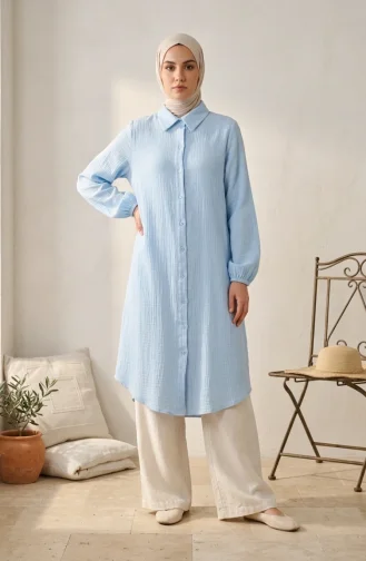 Full-Length Buttoned Muslin Shirt Long Tunic 0362-06 Baby Blue 0362-06