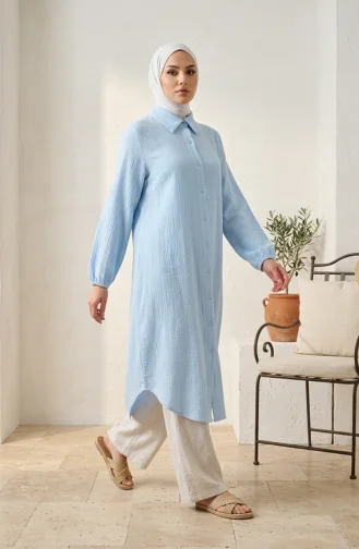 Full-Length Buttoned Muslin Shirt Long Tunic 0362-06 Baby Blue 0362-06