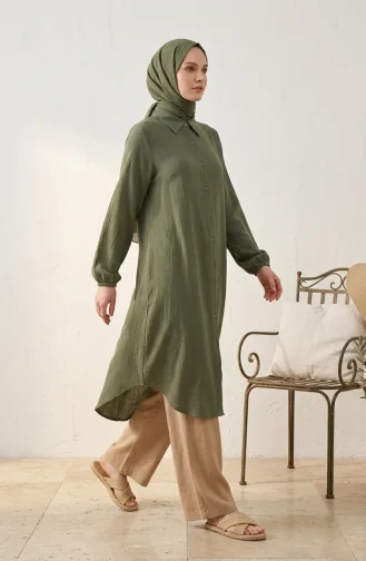 Boydan Düğmeli Müslin Gömlek Uzun Tunik 0362-07 Haki