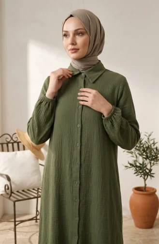 Boydan Düğmeli Müslin Gömlek Uzun Tunik 0362-07 Haki