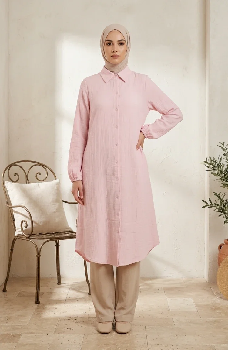 Boydan Düğmeli Müslin Gömlek Uzun Tunik 0362-08 Pembe