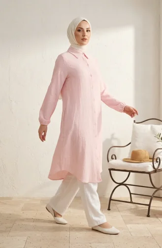 Boydan Düğmeli Müslin Gömlek Uzun Tunik 0362-08 Pembe