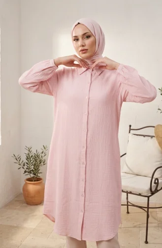 Boydan Düğmeli Müslin Gömlek Uzun Tunik 0362-08 Pembe