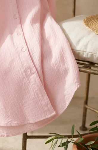 Boydan Düğmeli Müslin Gömlek Uzun Tunik 0362-08 Pembe