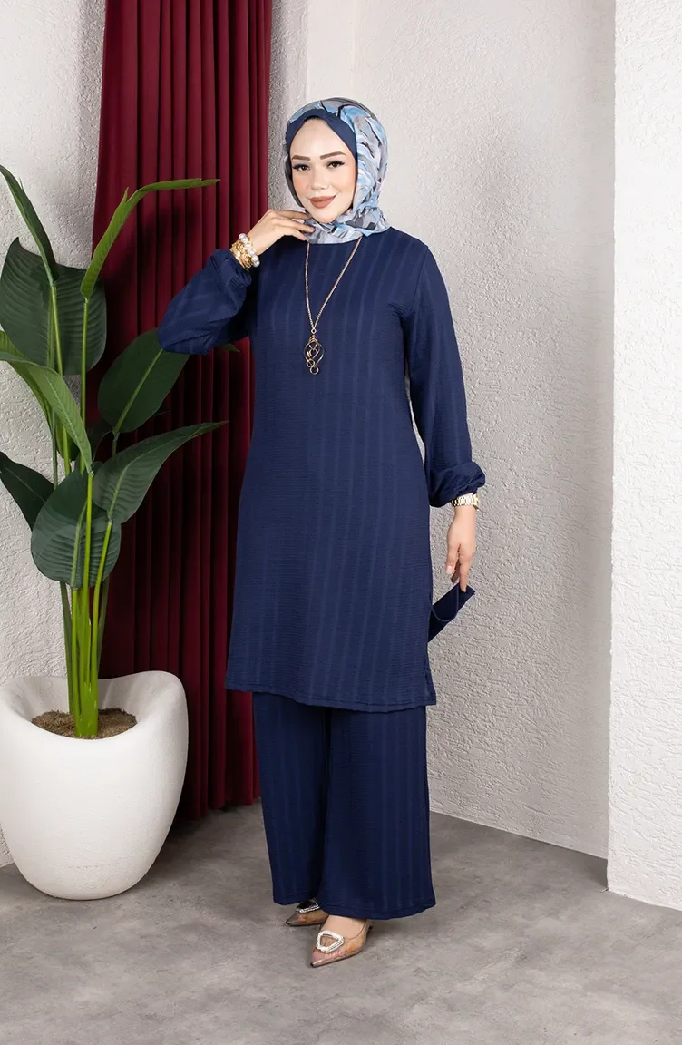 Striped Fabric Tunic And Pants Two-Piece Hijab Set 0915-02 Navy Blue 0915-02
