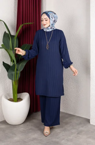Striped Fabric Tunic And Pants Two-Piece Hijab Set 0915-02 Navy Blue 0915-02