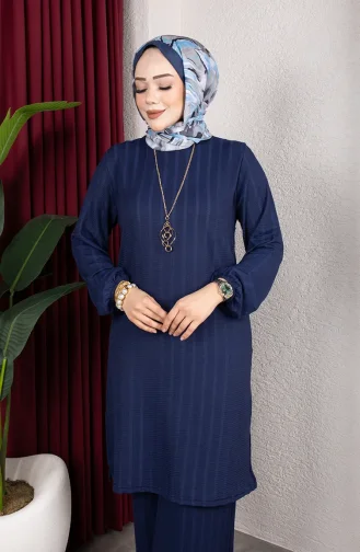 Striped Fabric Tunic And Pants Two-Piece Hijab Set 0915-02 Navy Blue 0915-02