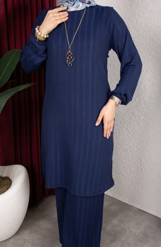 Striped Fabric Tunic And Pants Two-Piece Hijab Set 0915-02 Navy Blue 0915-02