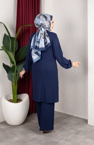 Striped Fabric Tunic And Pants Two-Piece Hijab Set 0915-02 Navy Blue 0915-02