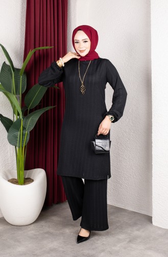 Striped Tunic And Pants Set (Hijab) 0915-04 Black 0915-04