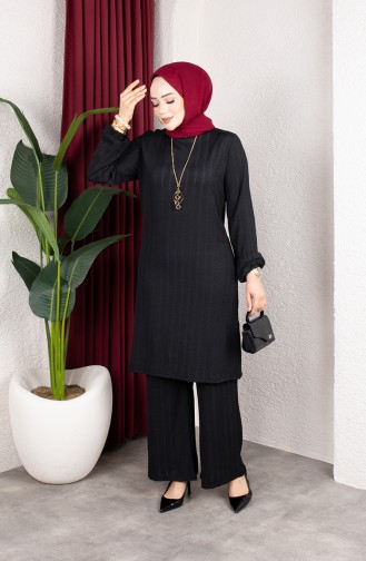 Striped Tunic And Pants Set (Hijab) 0915-04 Black 0915-04