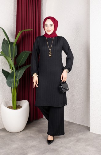 Striped Tunic And Pants Set (Hijab) 0915-04 Black 0915-04