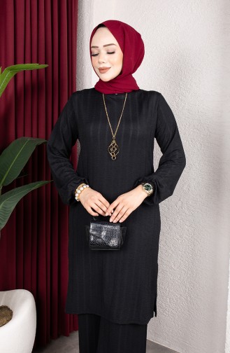 Striped Tunic And Pants Set (Hijab) 0915-04 Black 0915-04