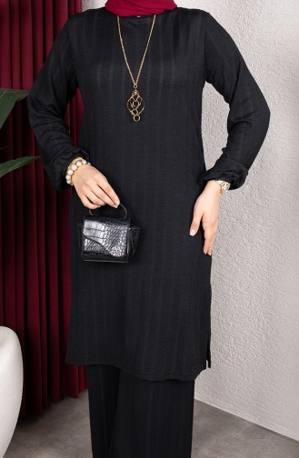 Striped Tunic And Pants Set (Hijab) 0915-04 Black 0915-04