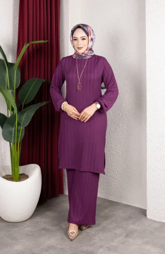 Ensemble Tunique Et Pantalon Rayé En Crêpe Mode Modeste 0915-06 Prune 0915-06