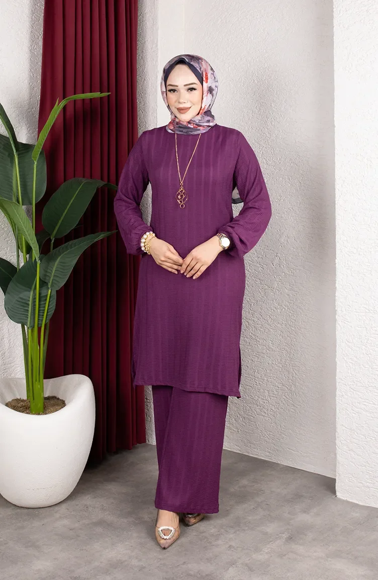Ensemble Tunique Et Pantalon Rayé En Crêpe Mode Modeste 0915-06 Prune 0915-06