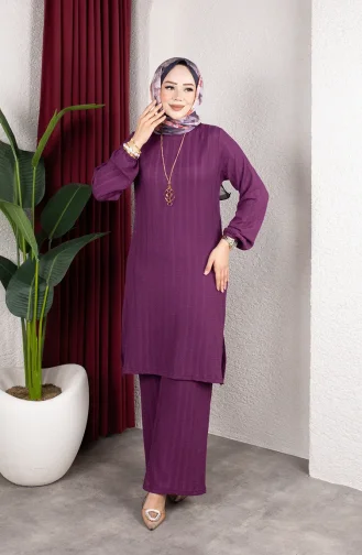 Ensemble Tunique Et Pantalon Rayé En Crêpe Mode Modeste 0915-06 Prune 0915-06