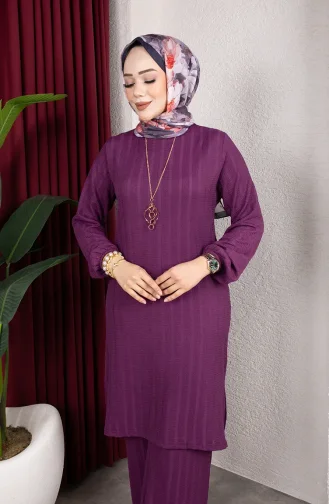 Ensemble Tunique Et Pantalon Rayé En Crêpe Mode Modeste 0915-06 Prune 0915-06