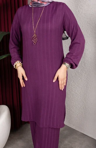 Ensemble Tunique Et Pantalon Rayé En Crêpe Mode Modeste 0915-06 Prune 0915-06