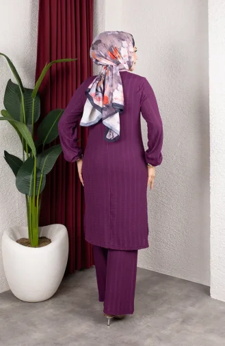Ensemble Tunique Et Pantalon Rayé En Crêpe Mode Modeste 0915-06 Prune 0915-06