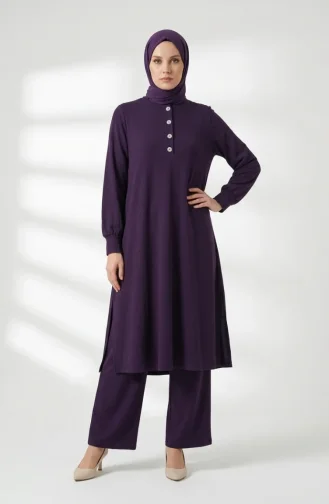 Aerobin Fabric Button Detail Hijab Two-Piece Set 4150-01 Plum 4150-01