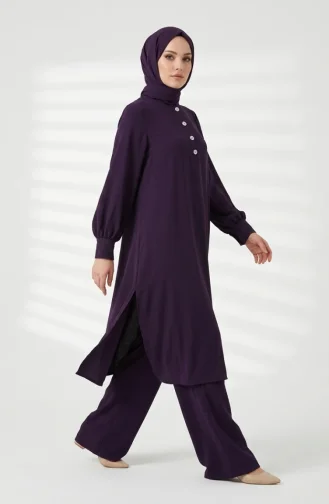 Aerobin Fabric Button Detail Hijab Two-Piece Set 4150-01 Plum 4150-01