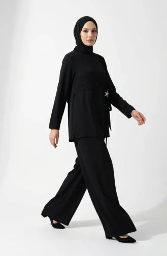 طقم حجاب من قطعتين، تونيك وبنطال بتفاصيل نجوم، أسود اللون، رقم الموديل 0358-01 0358-01