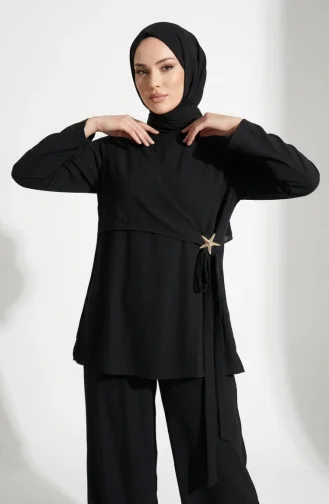 طقم حجاب من قطعتين، تونيك وبنطال بتفاصيل نجوم، أسود اللون، رقم الموديل 0358-01 0358-01