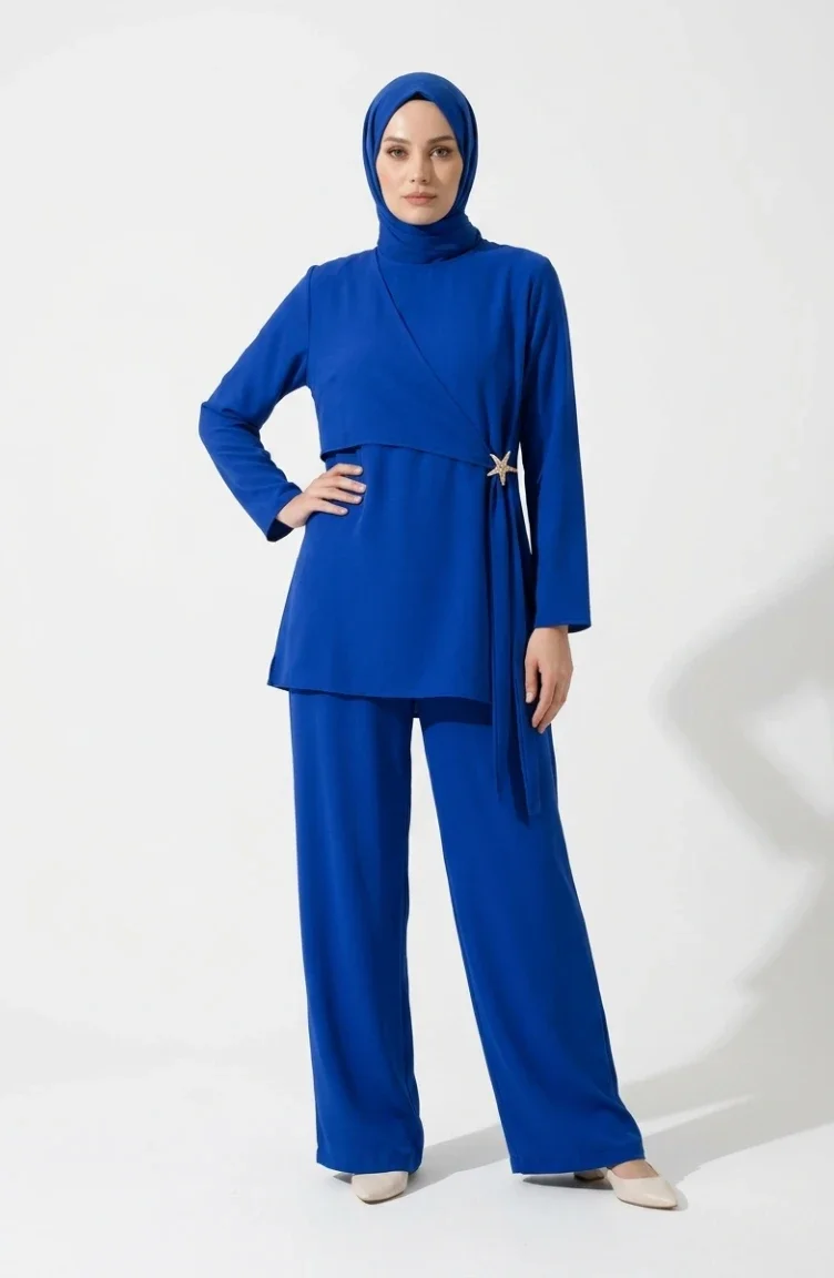 Star Detail Tunic And Pants Two-Piece Hijab Set 0358-02 Navy Blue 0358-02