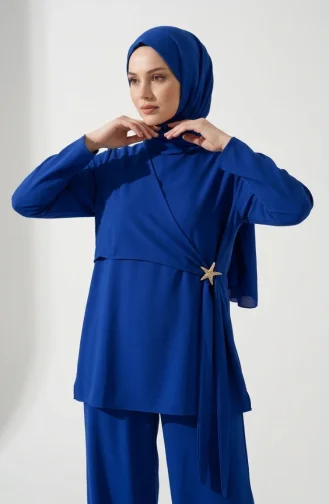 Star Detail Tunic And Pants Two-Piece Hijab Set 0358-02 Navy Blue 0358-02