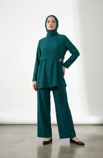 Zweiteiliges Hijab-Set Mit Sternenmuster Tunika Und Hose 0358-06 Smaragdgrün 0358-06