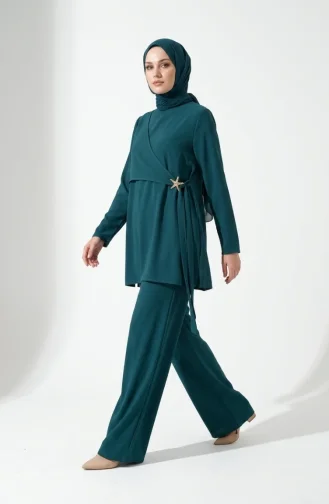 Zweiteiliges Hijab-Set Mit Sternenmuster Tunika Und Hose 0358-06 Smaragdgrün 0358-06