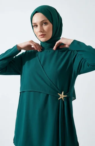 Zweiteiliges Hijab-Set Mit Sternenmuster Tunika Und Hose 0358-06 Smaragdgrün 0358-06